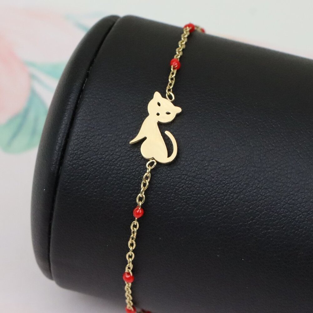 Charming Gold Plated Yellow Cat Bracelet with Red Beads, XPBL0663